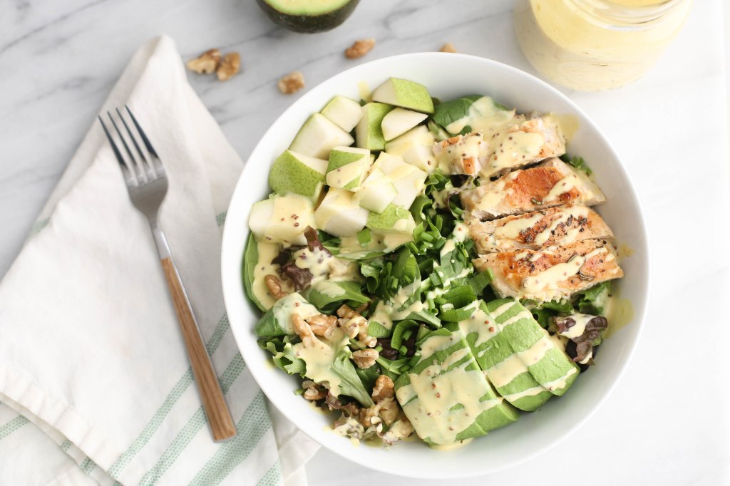 Chicken, Avocado & Pear Salad with Homemade Honey Mustard Dressing